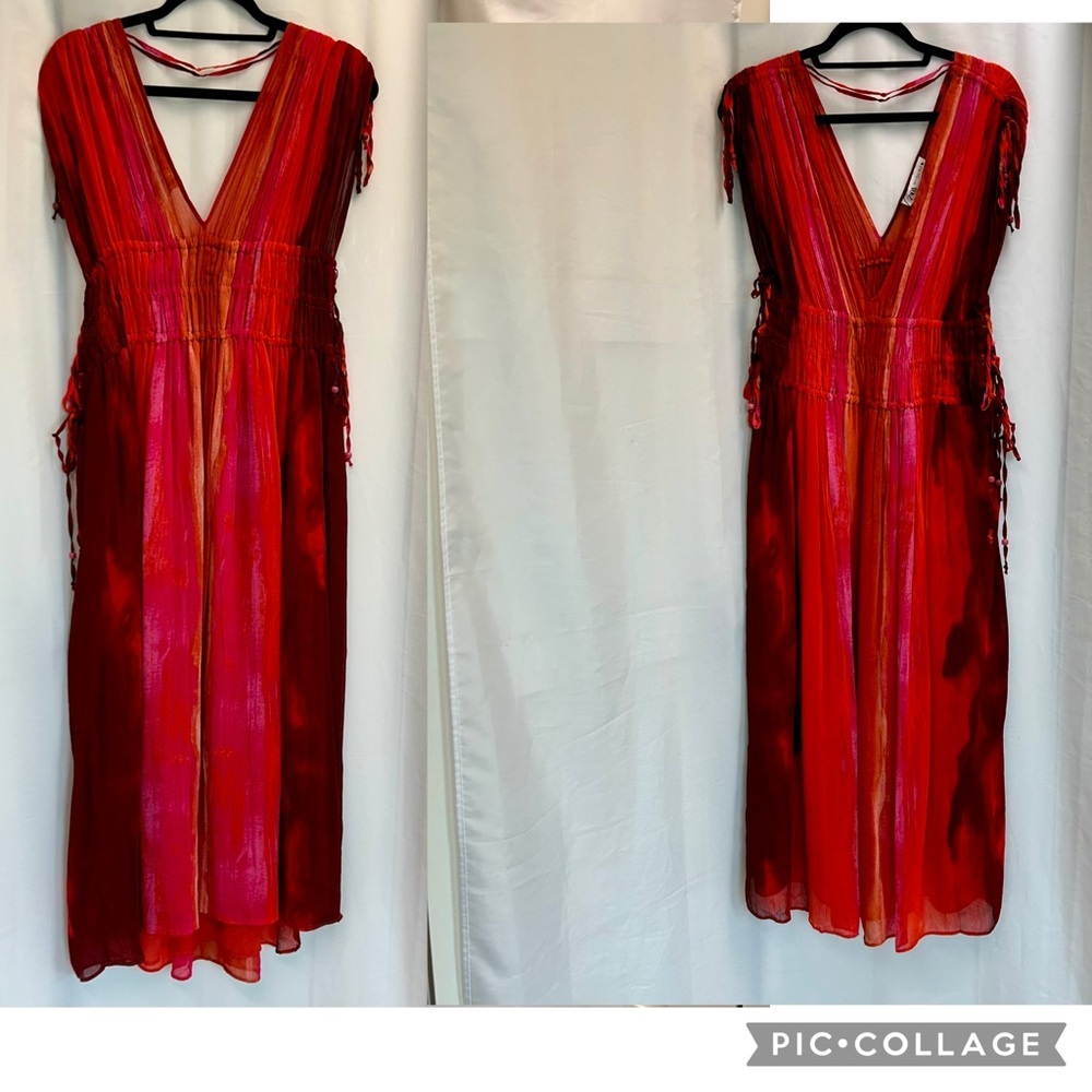 Zara red pink tie-dye BoHo V-neck midi dress Sz M tropical beach vacation NWOT - Picture 7 of 16